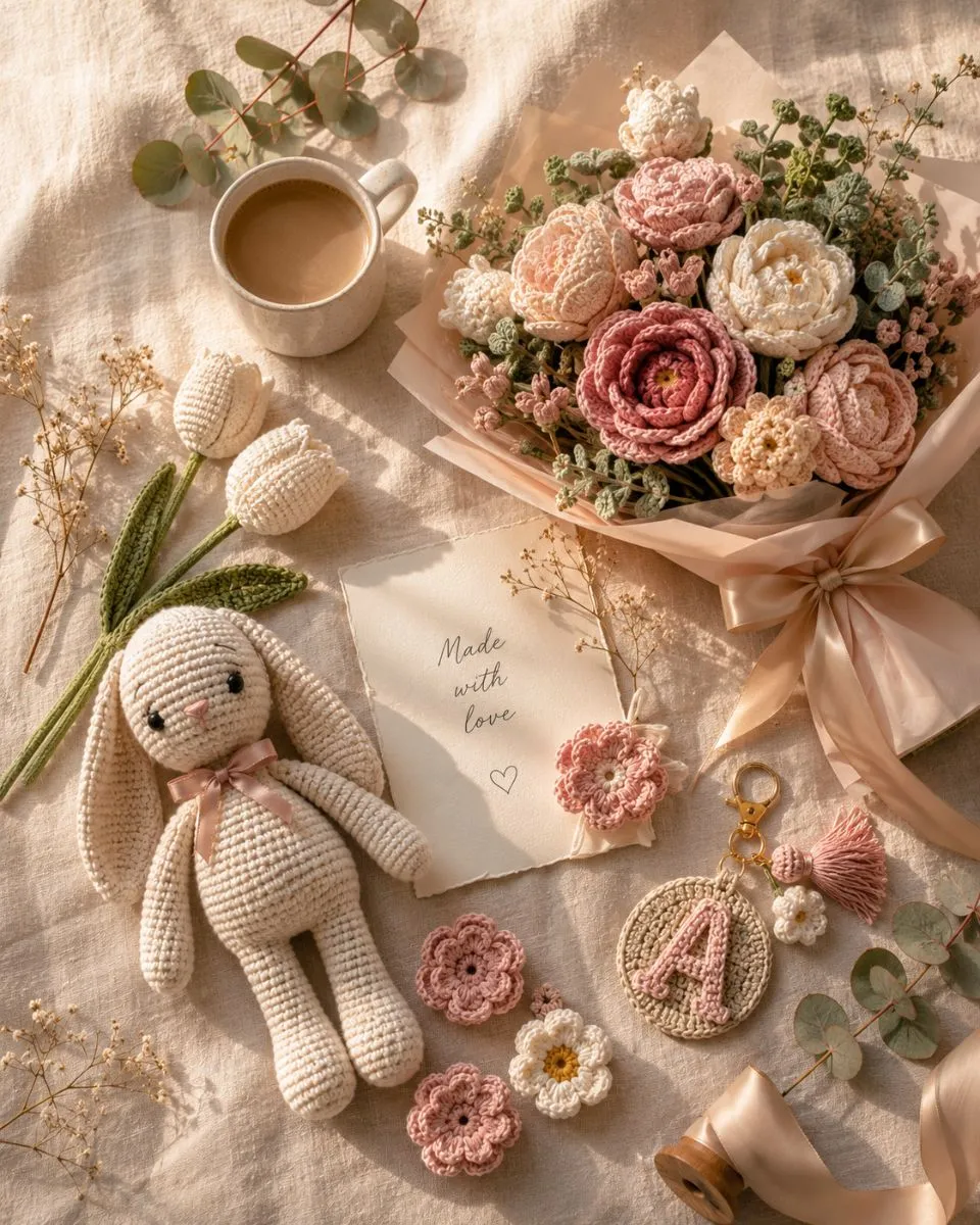 Collection of handmade crochet bouquets, plush toys, baby gifts, keychains and home décor