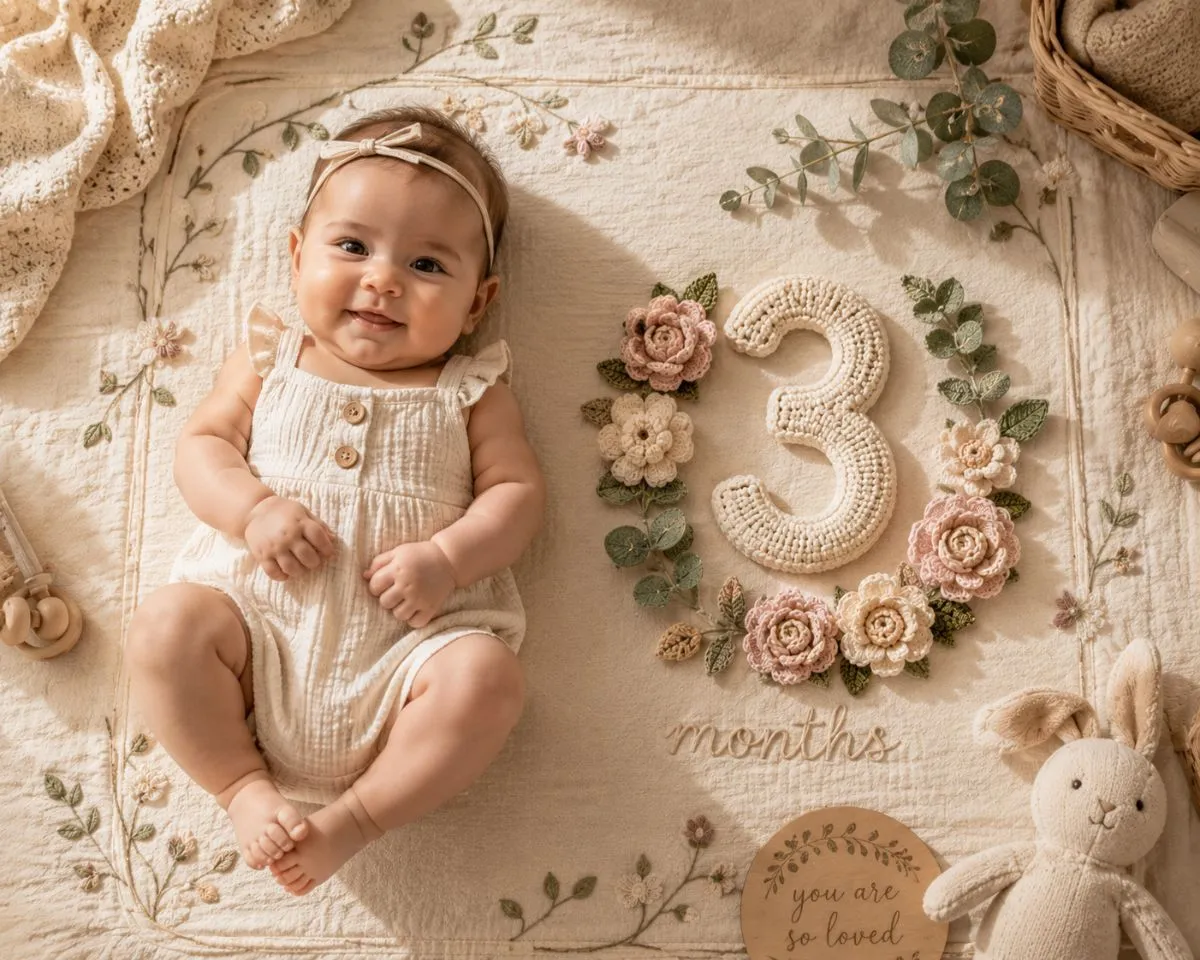 Baby lying on an ivory blanket beside a handmade crochet number three and flowers