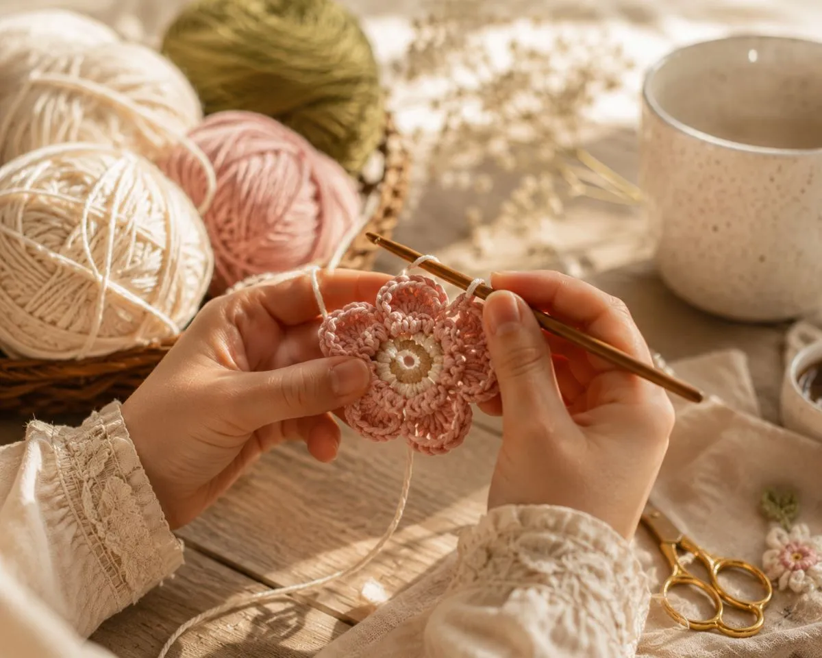 Pastel crochet bouquet, soft heart and herbal tea arranged on a hospital bedside table