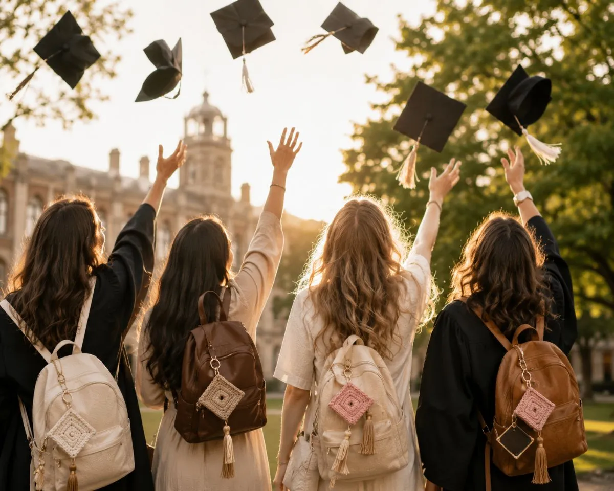 University graduates carrying backpacks decorated with crochet graduation keepsakes