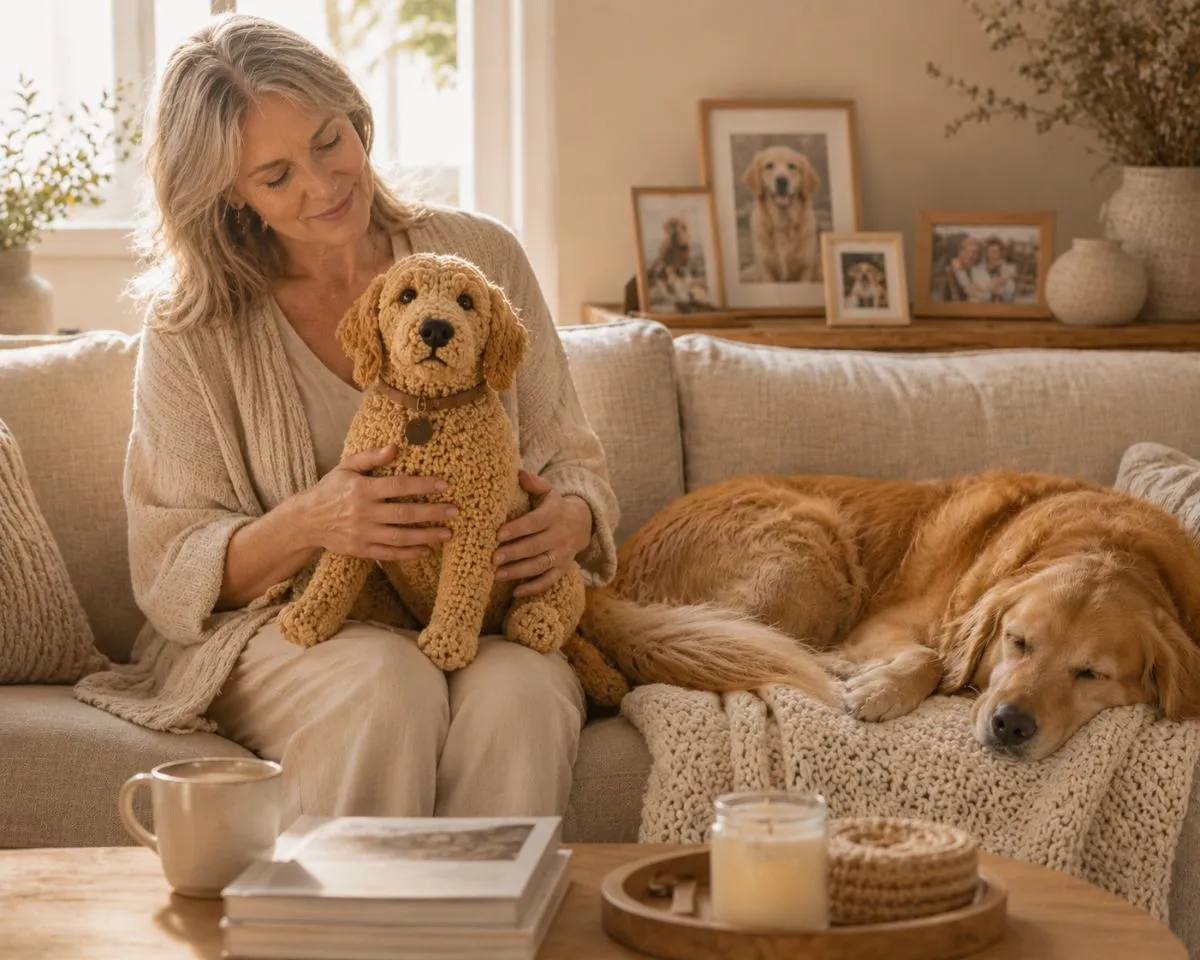 Woman holding a handmade crochet replica of her golden retriever in a warm living room