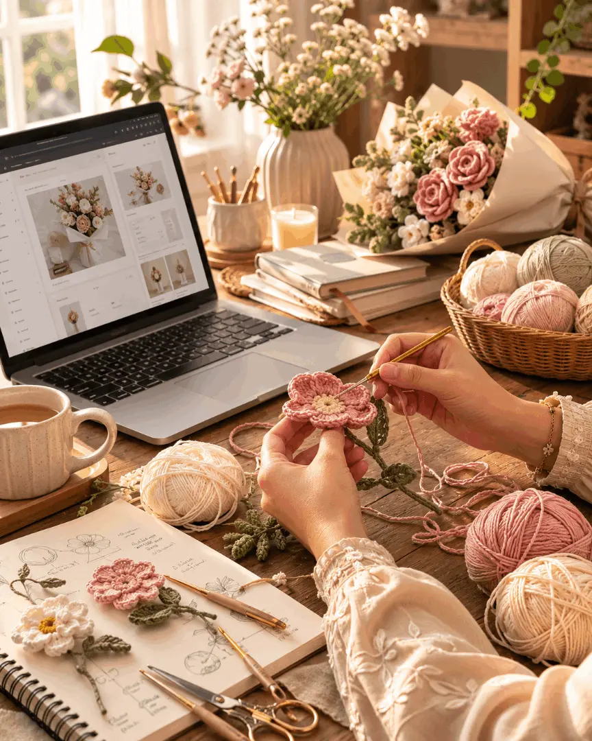 Hands crocheting a handmade crochet flower beside a laptop, representing the journey from WordPress development to building Our Little Hands handmade crochet gift business.