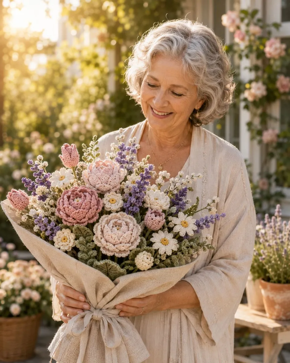 Smiling grandmother holding a personalized crochet birth-flower bouquet in a garden