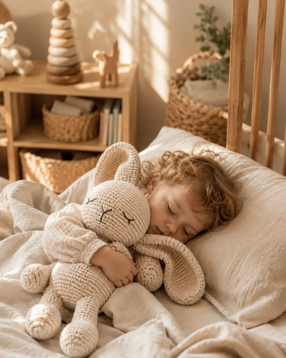 Sleeping toddler cuddling a large handmade cream crochet bunny