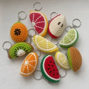 Handmade crochet fruit keychain collection in colourful fruit designs