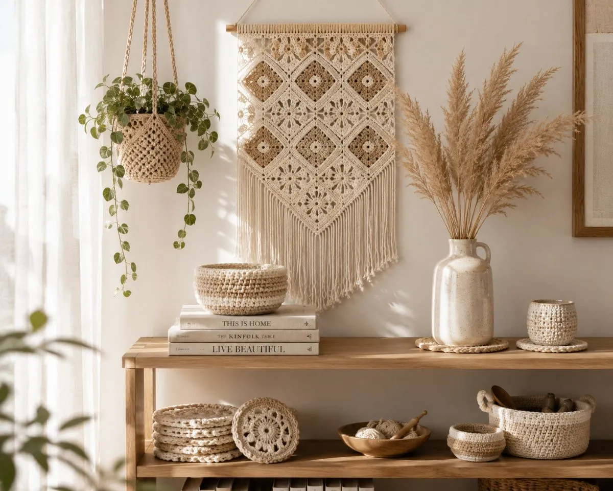Scandinavian living room styled with crochet plant hangers, coasters and neutral accessories