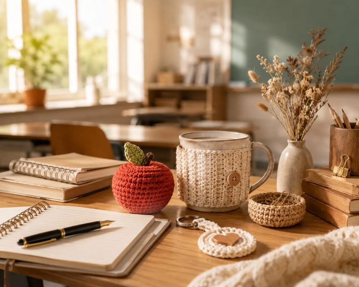 Crochet apple, mug cozy and small handmade gifts arranged on a teacher’s desk