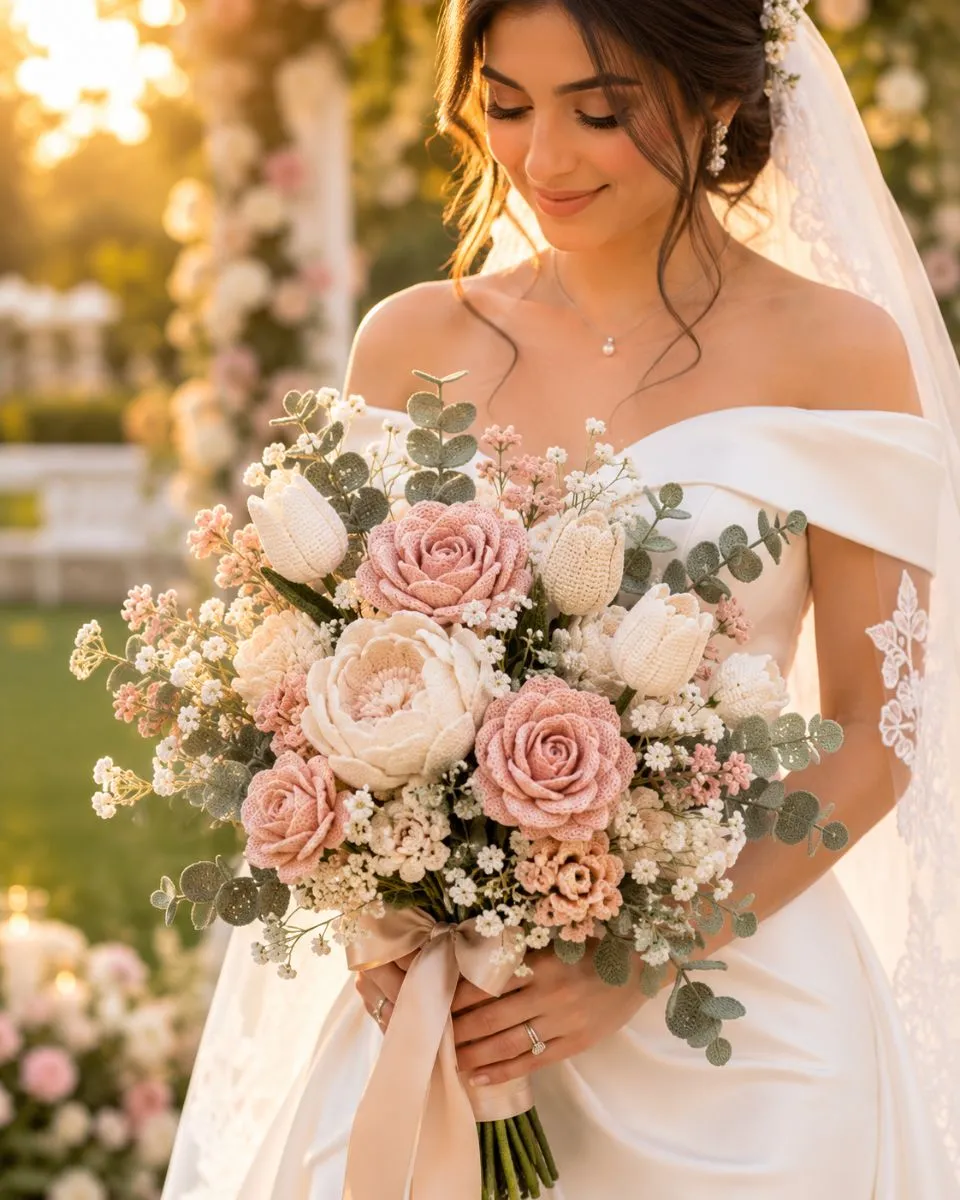 Bride holding a blush and ivory handmade crochet wedding bouquet