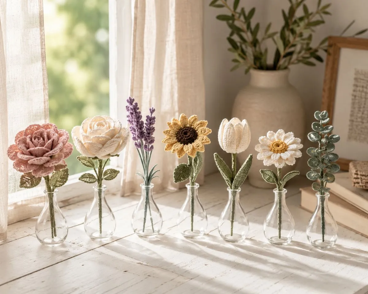 Individual crochet flowers displayed in clear glass bud vases on a sunlit windowsill