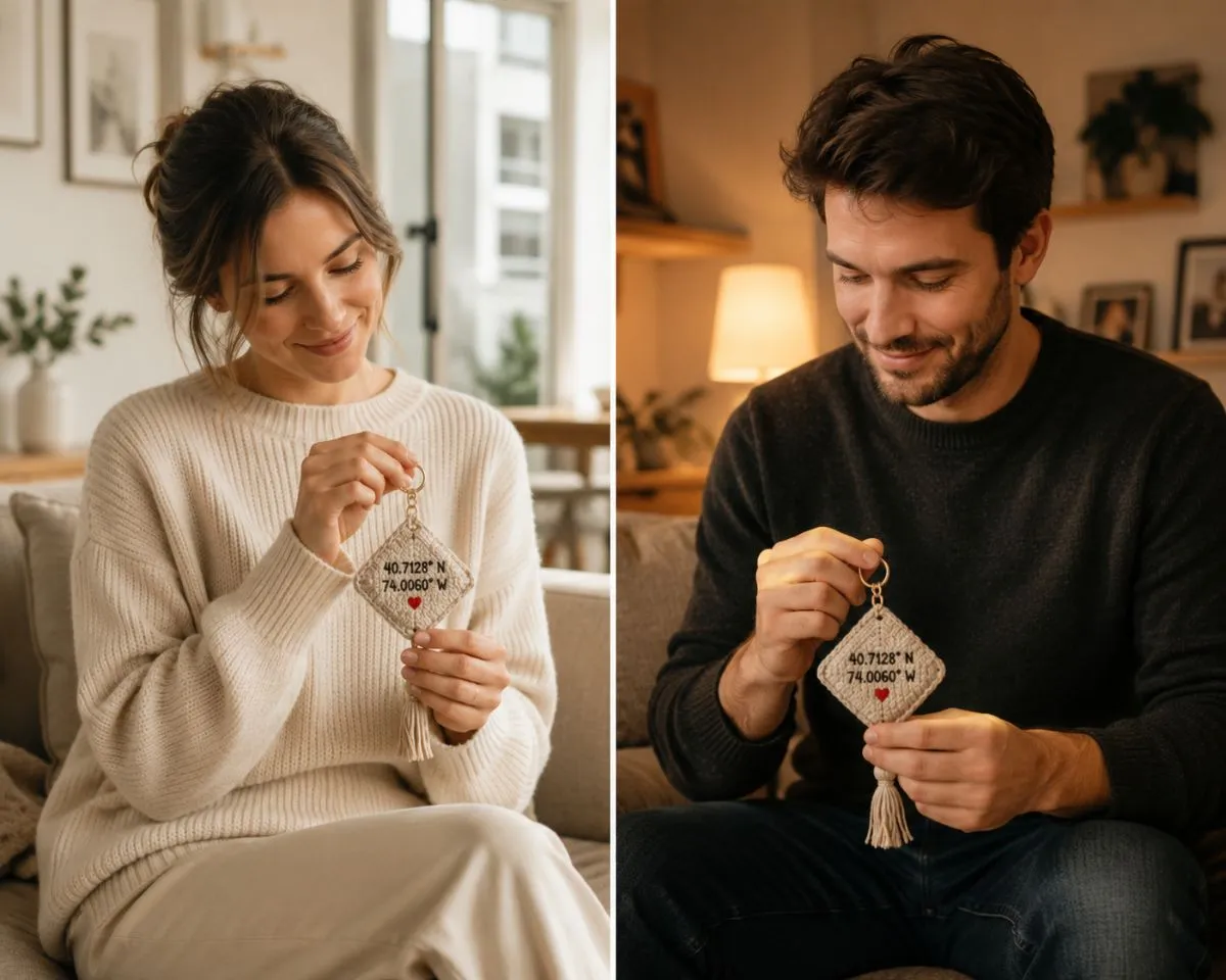 Couple in separate homes holding matching personalized crochet coordinate keychains