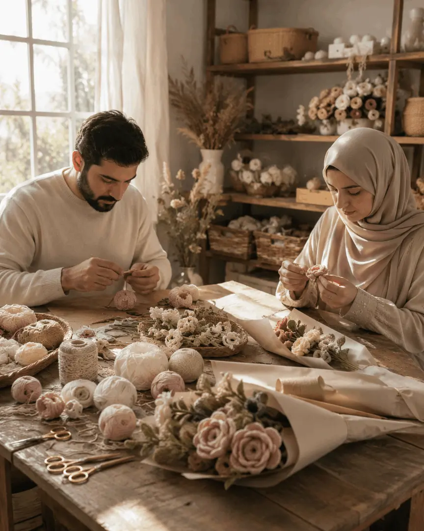 Abdul Rehman and Dr. Hifza Saif creating handmade crochet bouquets in their home workshop for Our Little Hands, a family-owned handmade crochet gift business in Pakistan.
