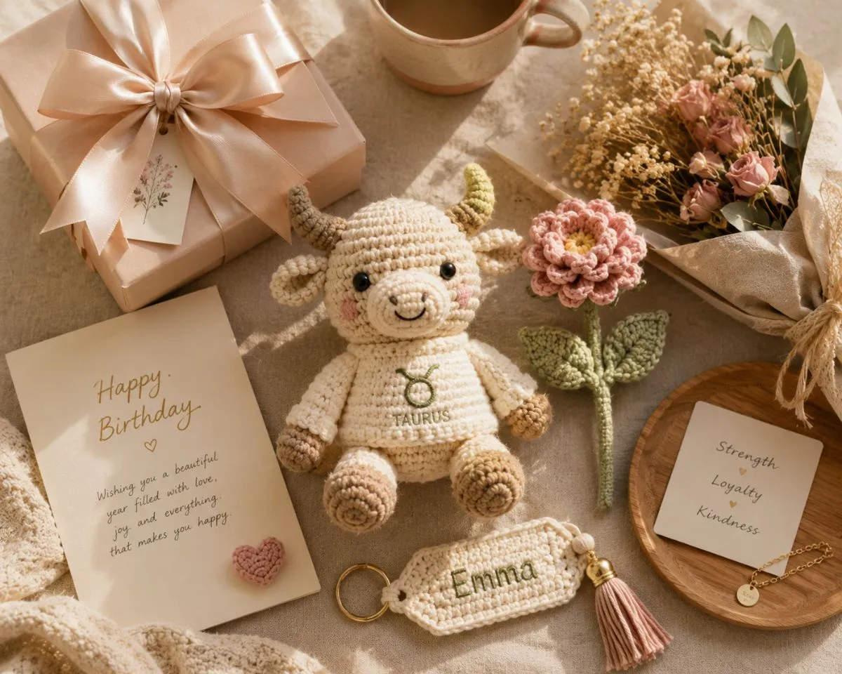 Handmade crochet zodiac plush and birth flower arranged in a personalized birthday gift set