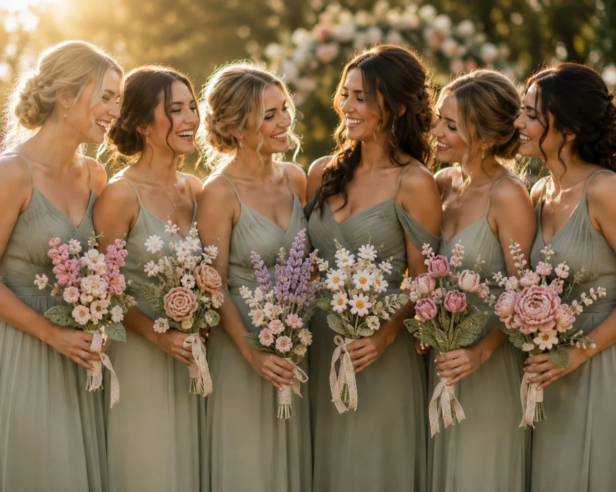 Bridesmaids in sage dresses holding personalized pastel crochet bouquets