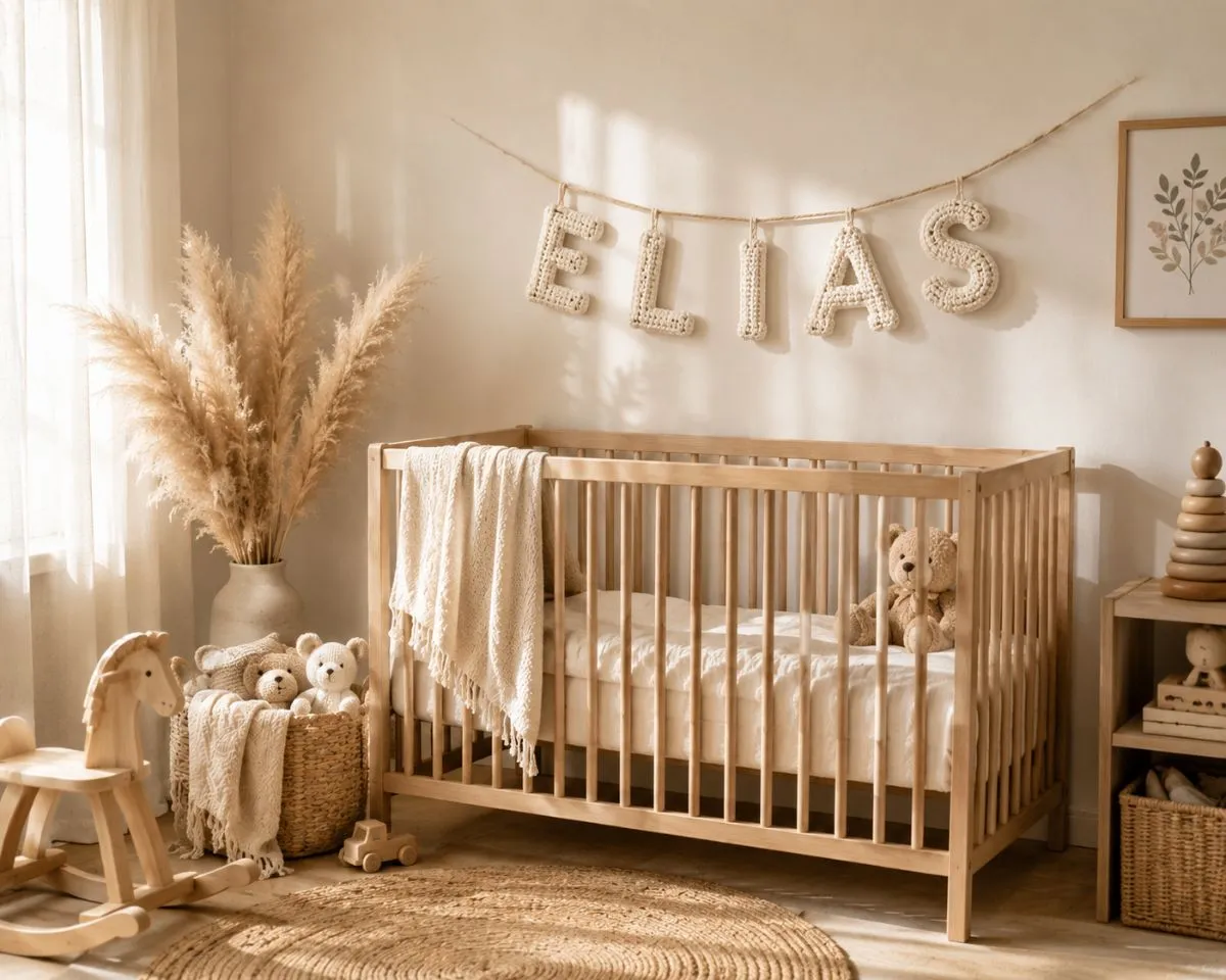 Personalized cream crochet name banner hanging above a light oak baby crib